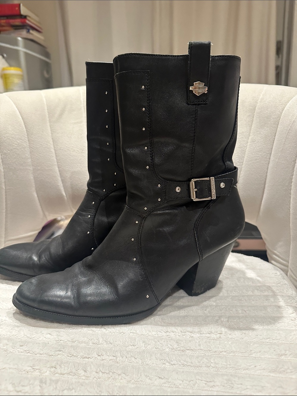 Harley-Davidson Black Leather Mid-Calf Studded Heeled Boots